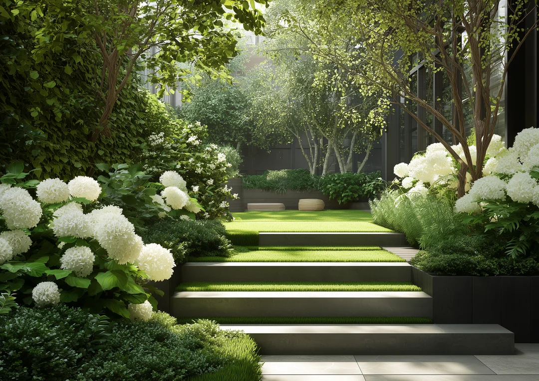 A serene green garden path adorned with lush foliage and delicate white flowers