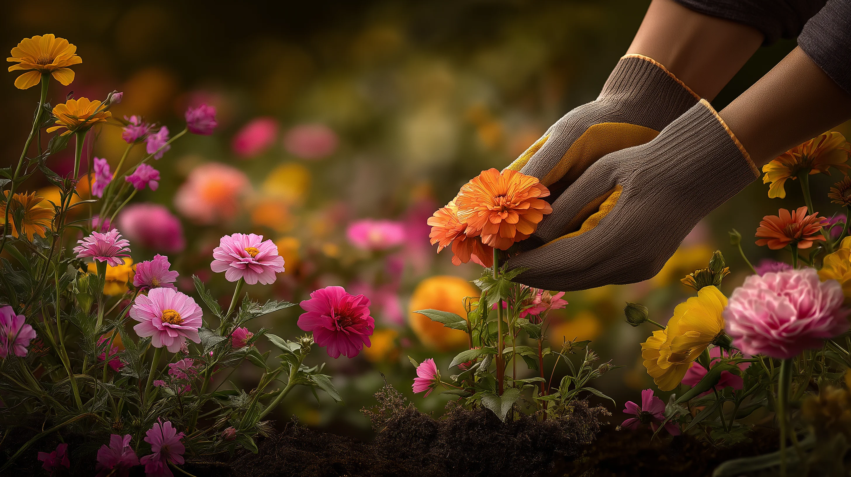 A serene image of a blossoming flower bed under morning light